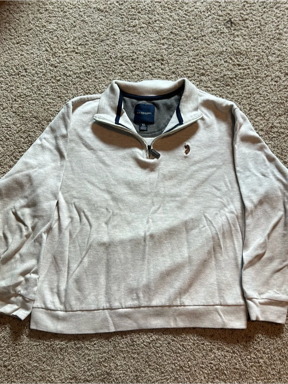 U.S. Polo Assn. Men's Cream Quarter-Zip Sweater with Navy Trim